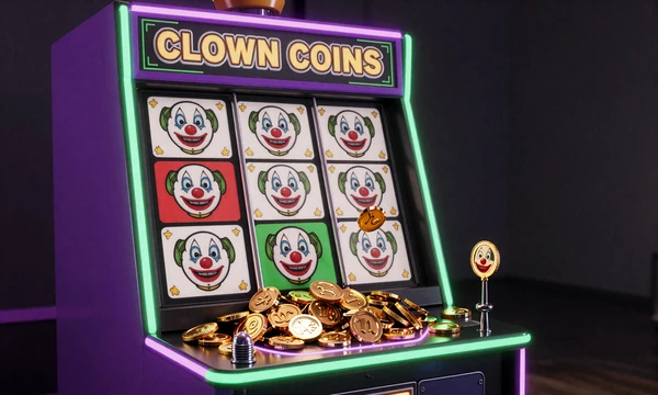 Clown Coins Slot mit Joker-Symbolen und Goldm&uuml;nzen im neonbeleuchteten Rahmen