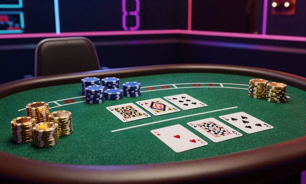 Live-Blackjack-Tisch mit gr&uuml;nem Filz, goldenen Chips und ausgeteilten Karten