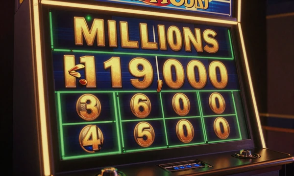 Progressiver Jackpot-Slot mit goldenem Z&auml;hler im Millionenbereich und Neon-Glanz