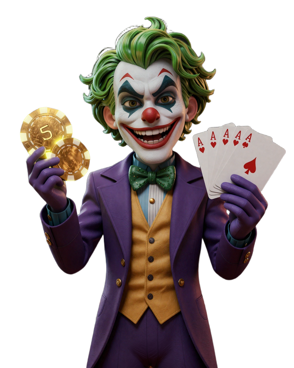 Joker-Maskot mit leuchtenden goldenen Casino-Chips und Kartenf&auml;cher im dramatischen Spotlight