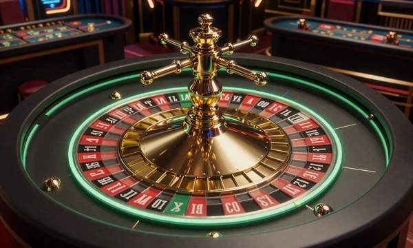 Live-Roulette-Tisch mit drehendem goldenen Rad und Neon-Akzenten im dunklen Casino-Setting