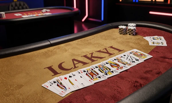 Live-Baccara- und Pokertisch mit rotem Filz und gef&auml;cherten Karten im Neon-Licht