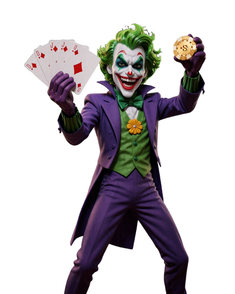 3D Joker-Maskot von Jokery Casino mit Kartenf&auml;cher und Goldm&uuml;nzen-Explosion vor dunklem Hintergrund